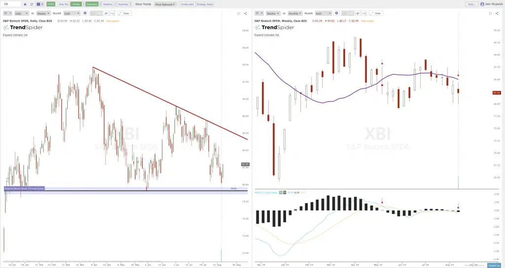 Daily Versus Weekly Chart Setups on $SPY $QQQ $XBI