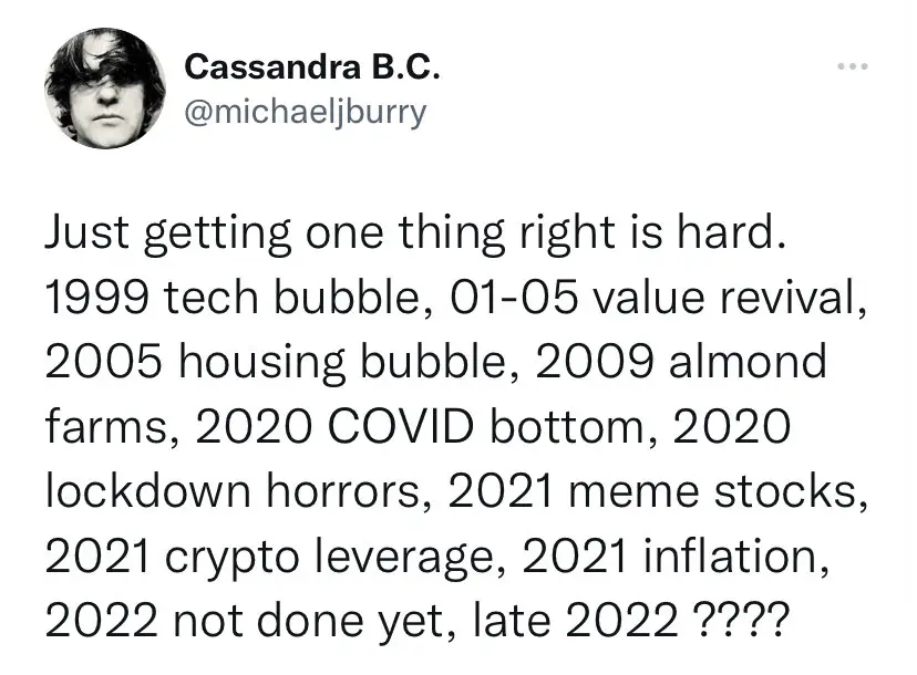 Michael Burry Prediction Tweet 2022